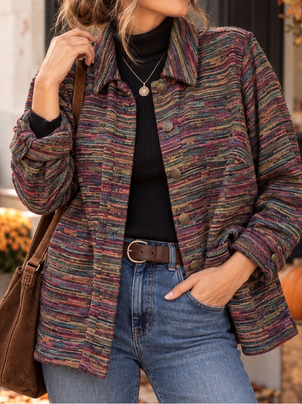 CJ Banks Women’s X Multicolor Woven Tapestry Jacket Button Front Boho Artsy